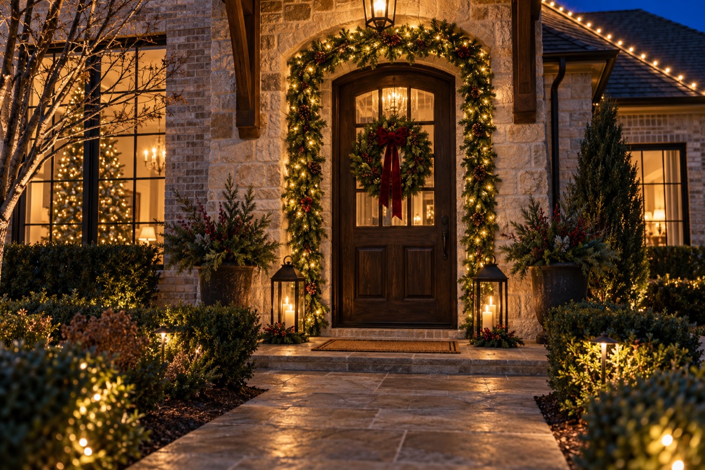 Design inspiration: a glowing holiday entryway with garland and a wreath
