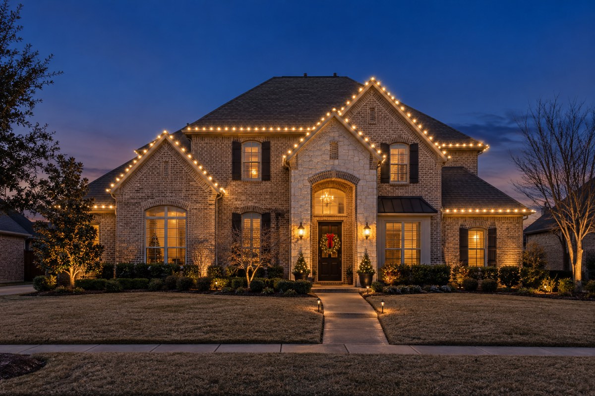 Design inspiration: a brick home with warm white lights outlining the roof
